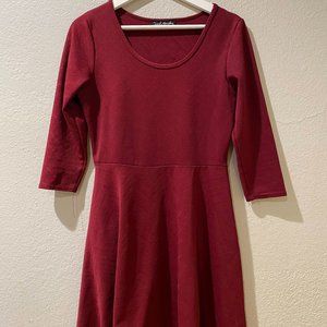 Burgundy Scoop Neck 3/4 Sleeve Stretchy A-Line Dress